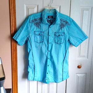Men buckle black turqoouse shirt with detail on front and back...xl